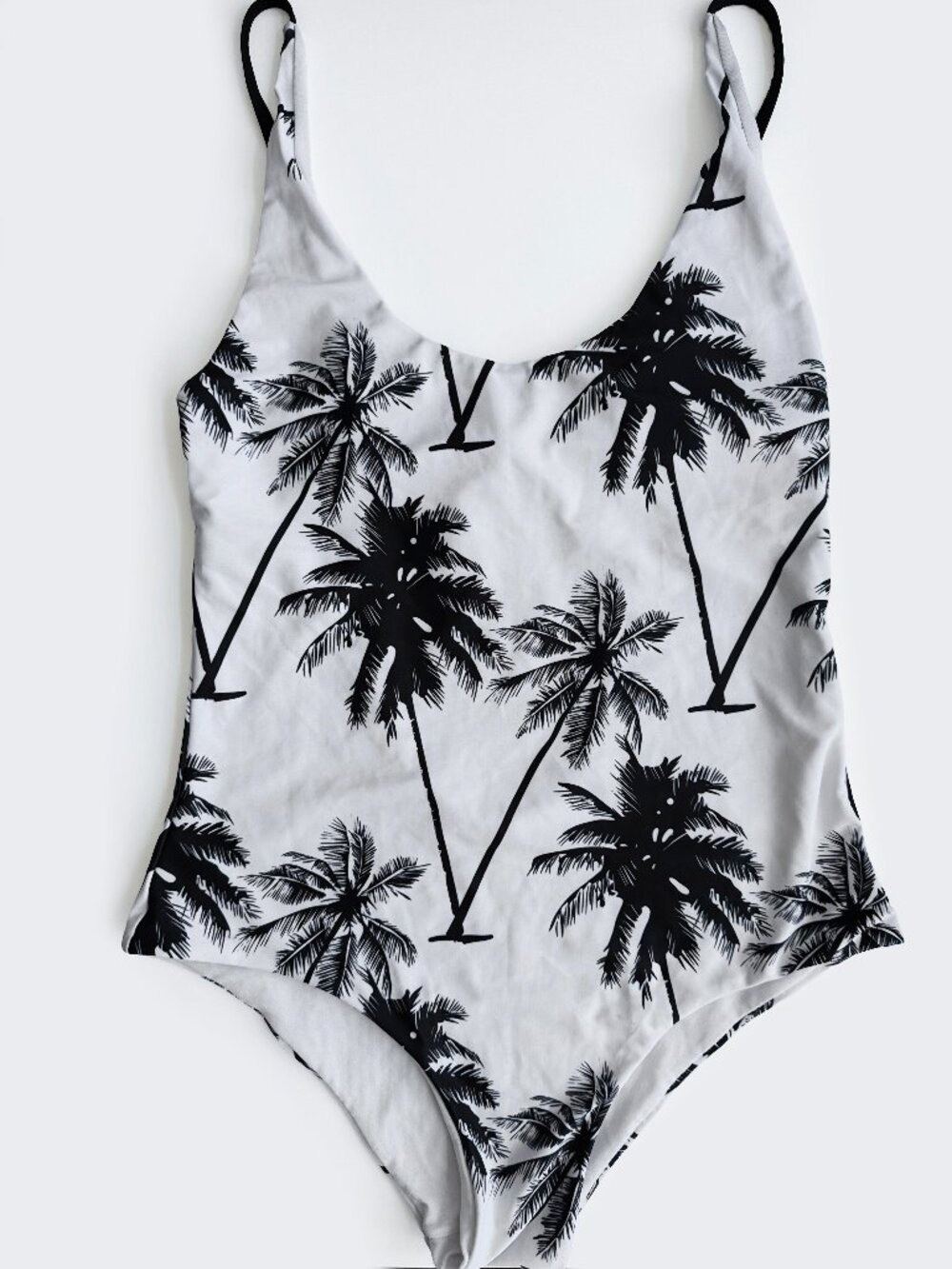 White Black Palm Tree One Piece Swimsuit Low Back